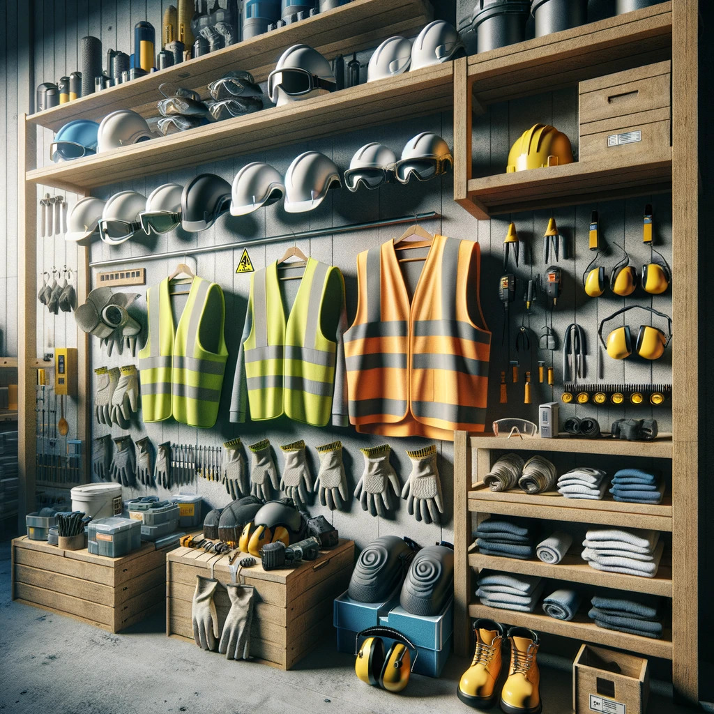 DALL·E 2024-03-20 18.03.45 – Create an image depicting a variety of protective work equipment in a well-organized, indoor setting. The scene should include items such as helmets,